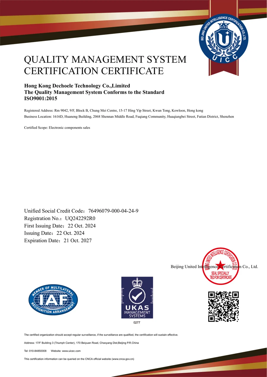 Preview of Dechoele ISO 9001:2015 quality management system certificate